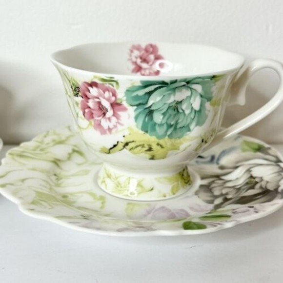 Pulchritudie Eileen's Peony set of 2 teacups & saucers Pink Blue Green 3 in - Picture 2 of 15
